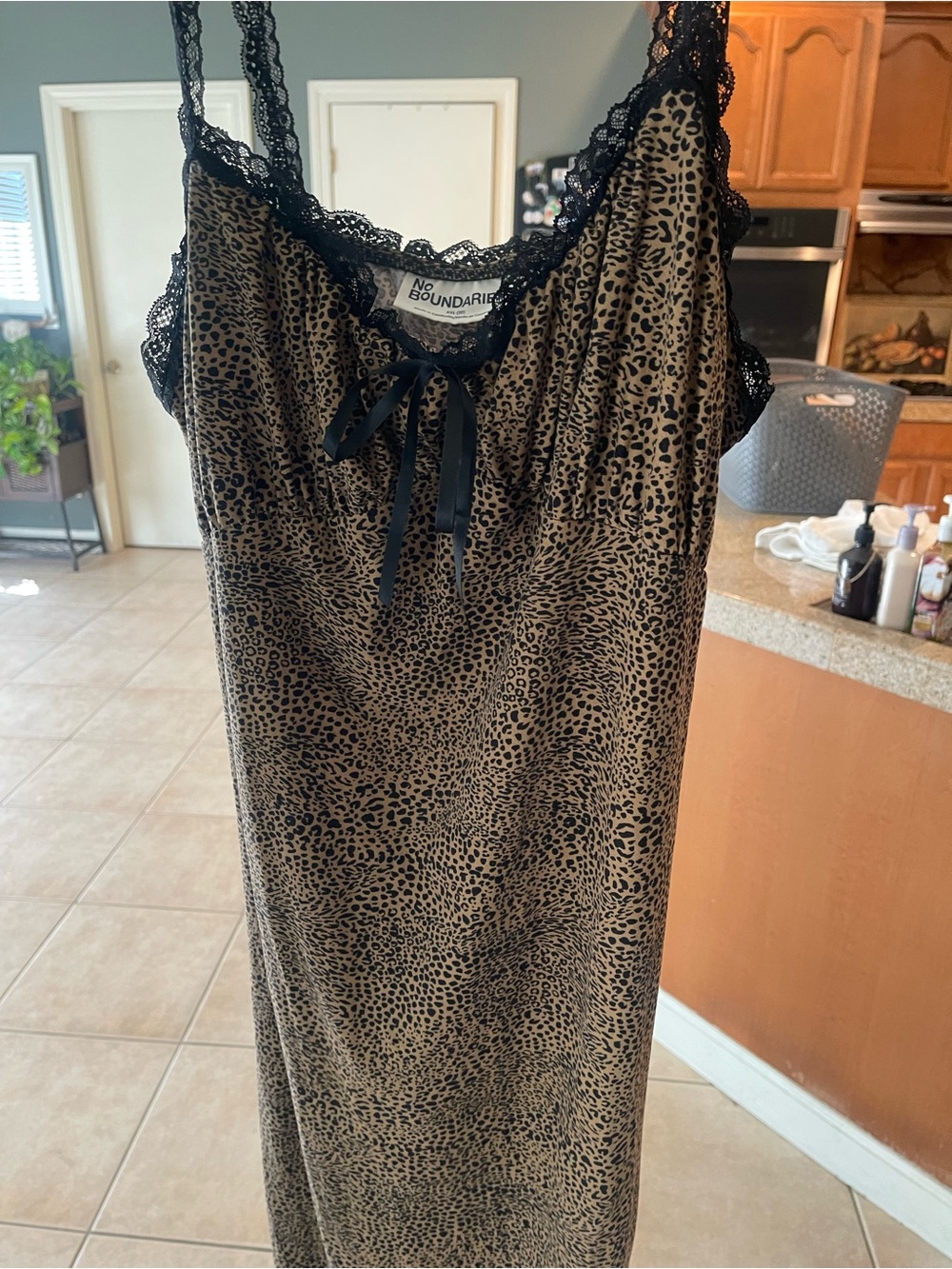 No Boundaries Leopard Print Maxi Dress with Black Lace Trim
